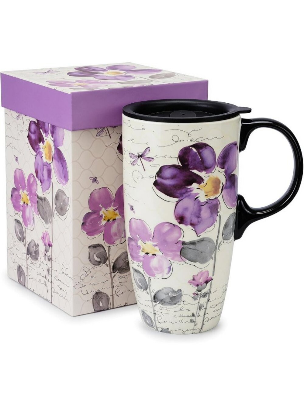 17oz Floral Ceramic Travel Mug with Lid | Large Coffee Cup, Microwave
